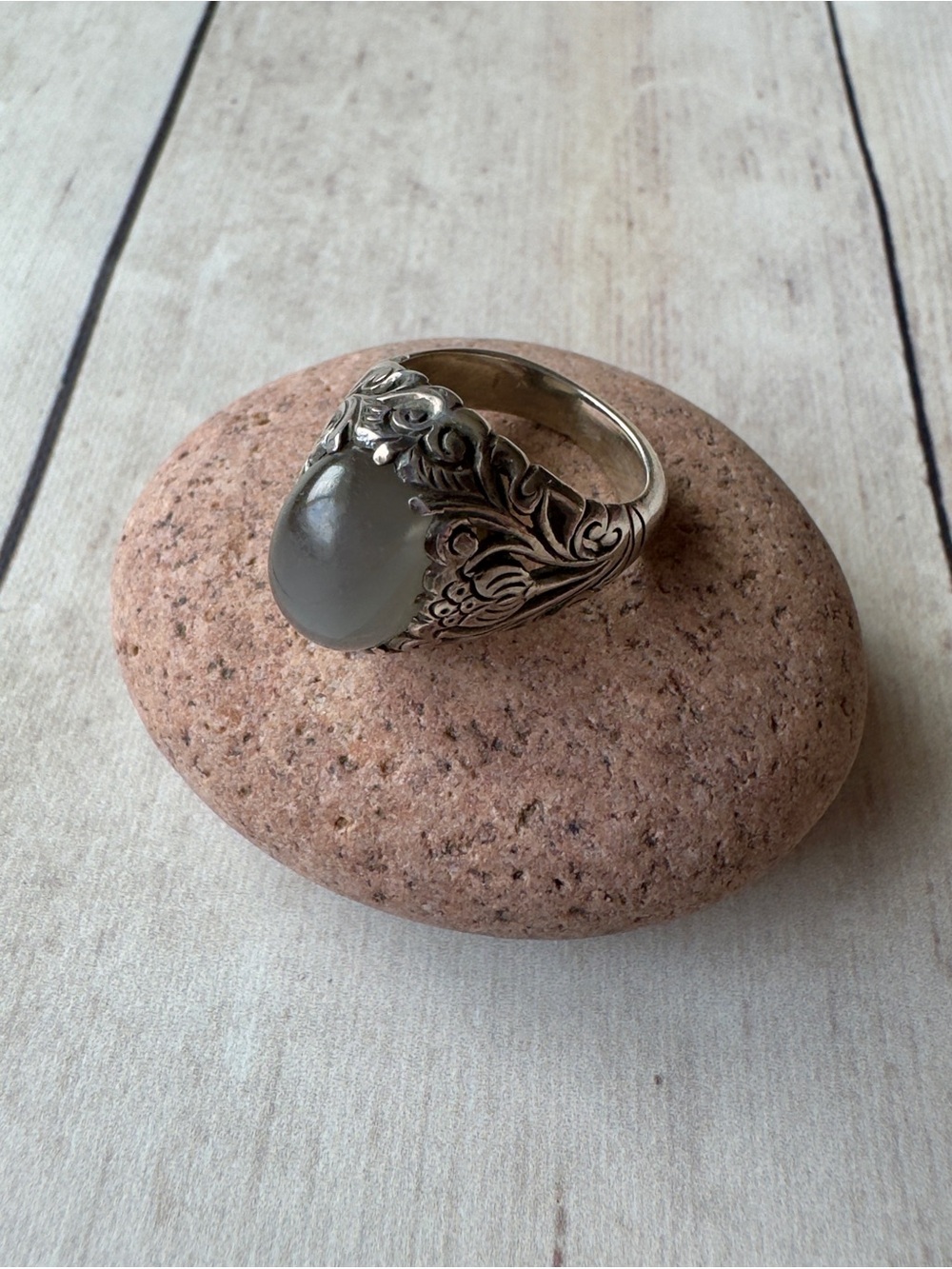 Sterling-Style Floral Filigree Gray Moonstone Cabochon Statement Ring